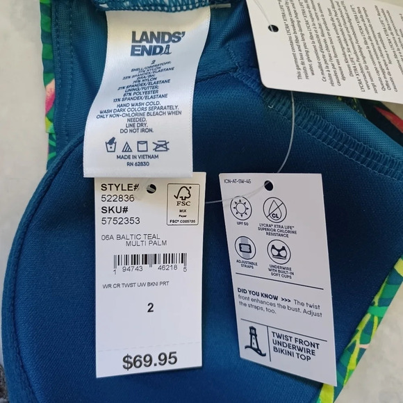 Lands End Bikini Top Baltic Teal Tropical Palms Green Beach Vacation Cruise Swim - Picture 4 of 4